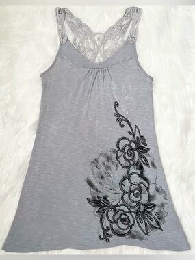 Love Culture Gray Floral Mini Dress With Crochet Lace Back Details & Rhinestones